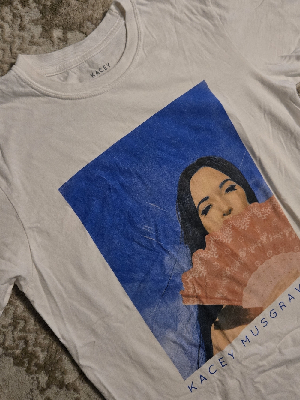 Kacey Musgraves White Graphic Tee with Blue Panel and Peach Fan